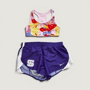 Nike Bundle Womens Purple Running Shorts, Reversible Donut Sports Bra Set Size M